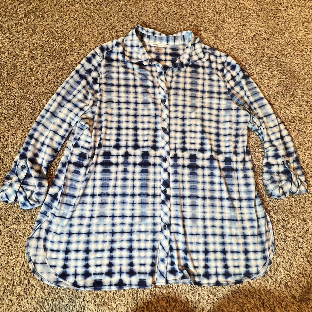Nygard Womens 2X Blue White Tie Dye Shibori‎ Roll Tab Button Up Blouse 63F4XU6A8